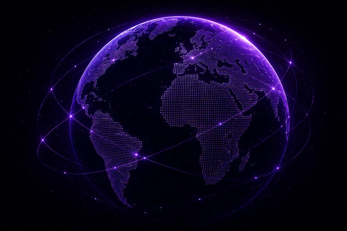 Purple digital Earth representing ATLAS global exchange-rate coverage